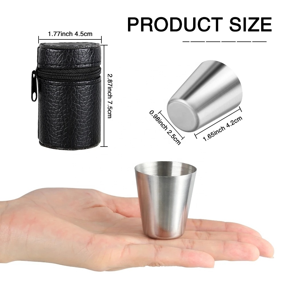 4 Pcs/Set Polished 30ml Mini Stainless Steel Shot Glass Cup Drinking Wine Glasses With Leather Cover Bag For Home Kitchen Bar