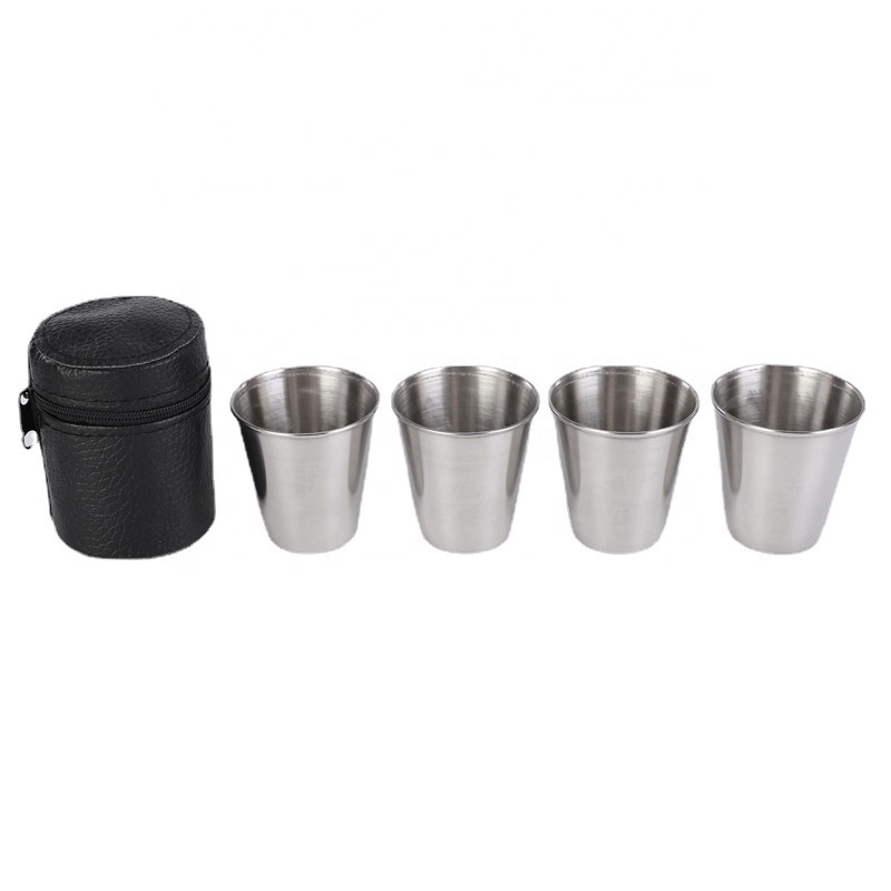 4 Pcs/Set Polished 30ml Mini Stainless Steel Shot Glass Cup Drinking Wine Glasses With Leather Cover Bag For Home Kitchen Bar