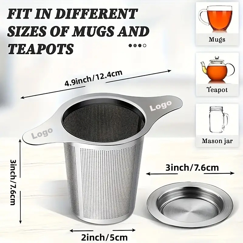 Custom Logo 304 Stainless Steel Tea Strainer with Lid Extra Fine Mesh Strainer Brewing Basket for Loose Leaf Tea Tea Filter