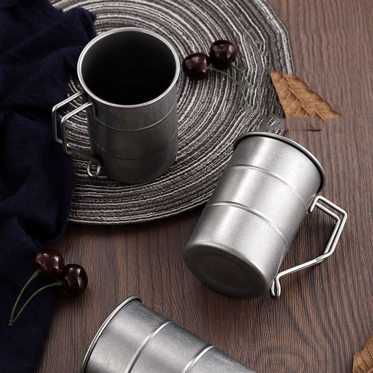 Japanese style 350ml outdoor stainless steel cup with handle beer drum cup, retro frosted stainless steel coffee beer cup