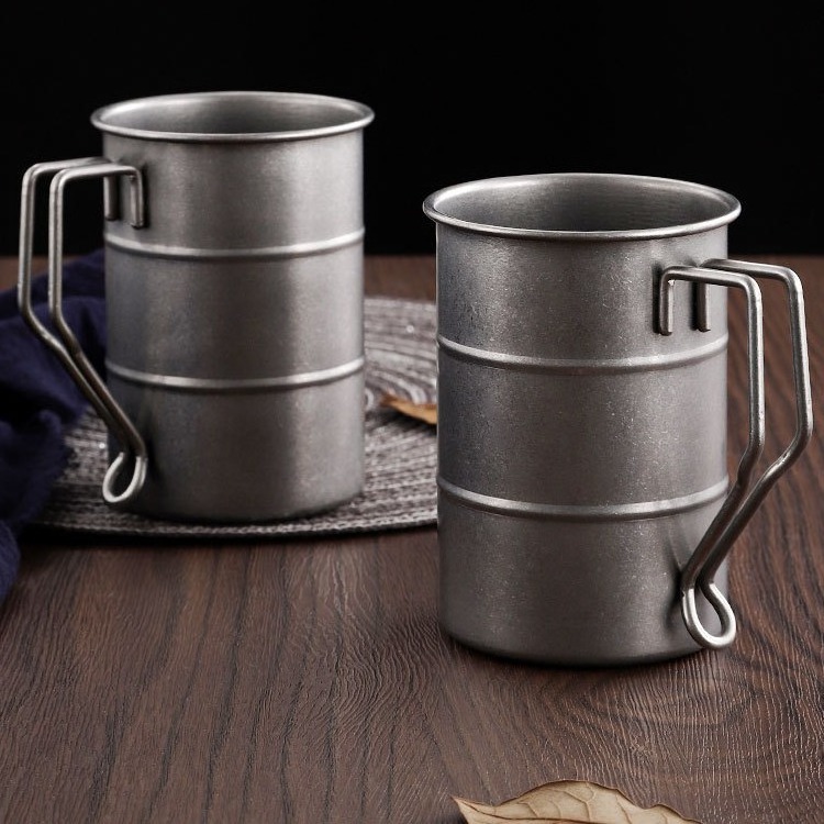 Japanese style 350ml outdoor stainless steel cup with handle beer drum cup, retro frosted stainless steel coffee beer cup