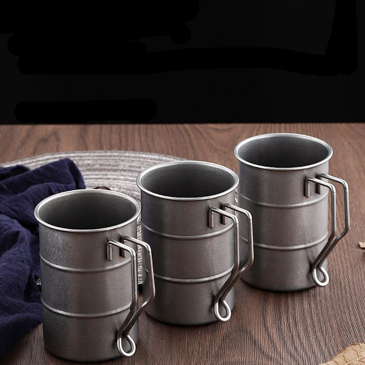 Japanese style 350ml outdoor stainless steel cup with handle beer drum cup, retro frosted stainless steel coffee beer cup