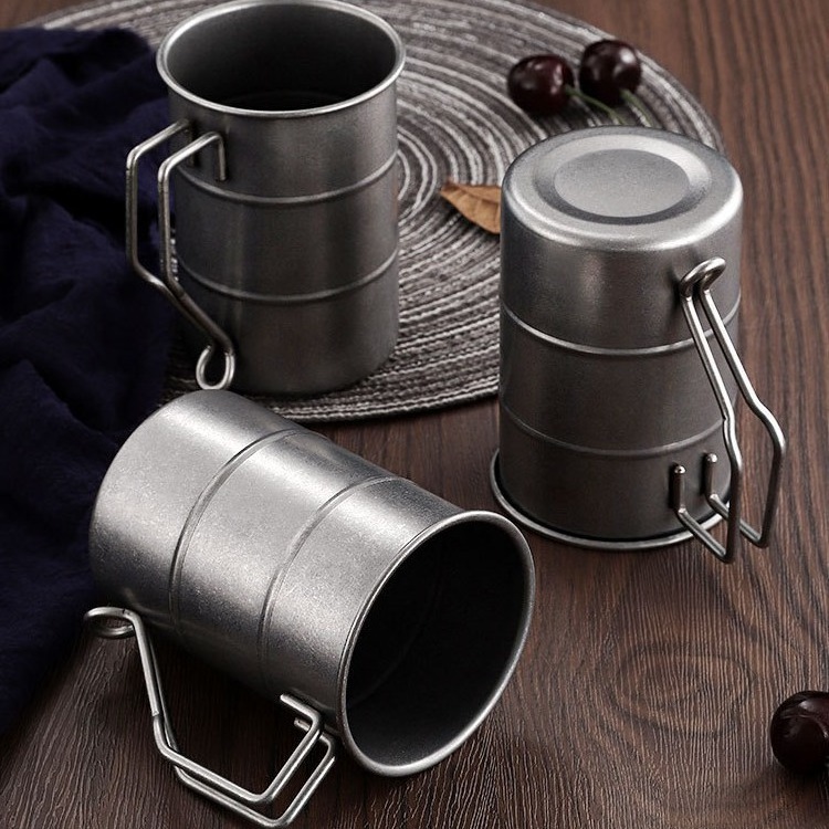 Japanese style 350ml outdoor stainless steel cup with handle beer drum cup, retro frosted stainless steel coffee beer cup