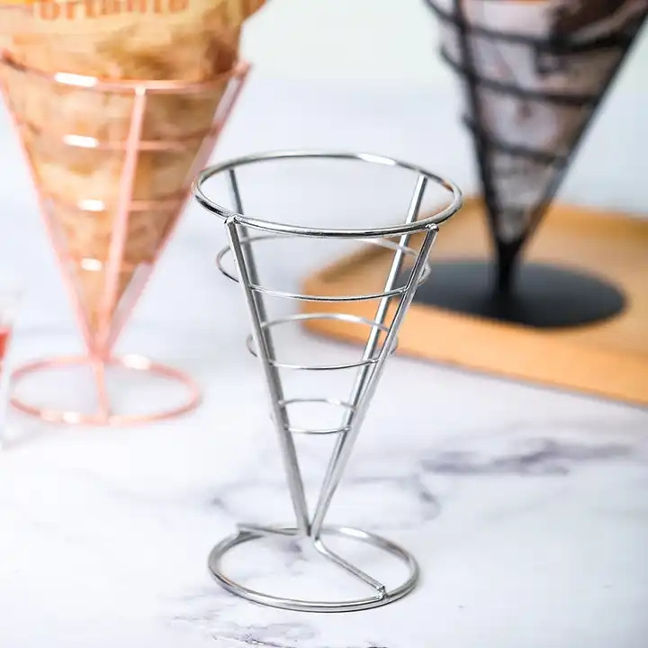 Metal Cone Snack Fried Chicken Display Rack Wire French Fries Stand Cone Basket Fry Holder with Sauce Dippers for Kitchen