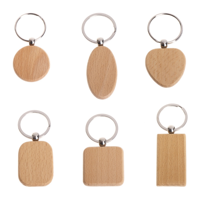 Natural Wooden Key Ring Keychain Round Square Anti Lost Wood Accessories Gifts