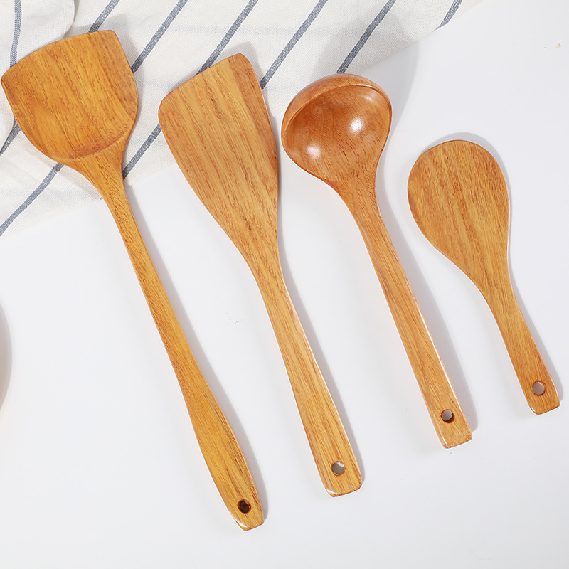 2024 Eco Friendly Mixing and Cooking Wooden Spoon Japanese Long Handle Solid Wood Non Stick Frying Pan Spoon Set