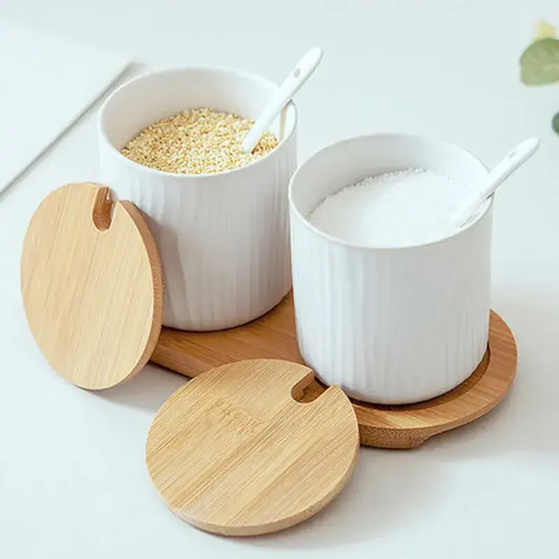 Nordic Ceramic Seasoning Boxes with Lid Spoon Seasoning Jars Kitchen Spice Container with Wooden Tray Salt and Pepper Canister