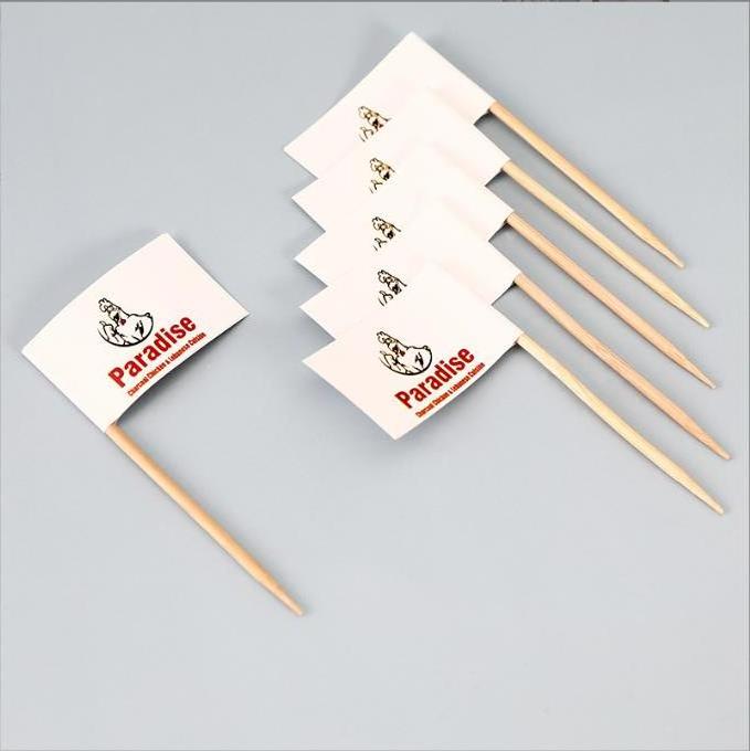 Fashionable wooden bamboo toothpick wholesale custom logo printing cocktail toothpick flag for restaurant and hotel