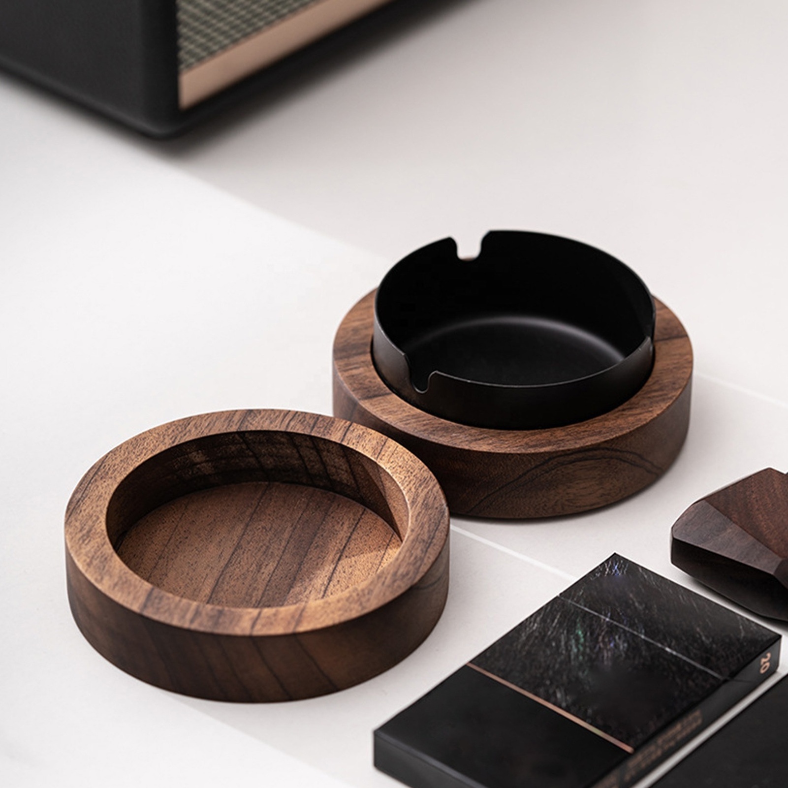 Walnut Wood Ashtrays With Lid Covered Windproof Ashtray With Stainless Steel Liner Indoor Outdoor Ash Tray For Home