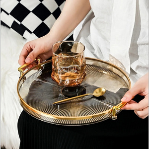 Round Clear Plastic Transparent Acrylic Serving Tray With Gold handles For Home Decor