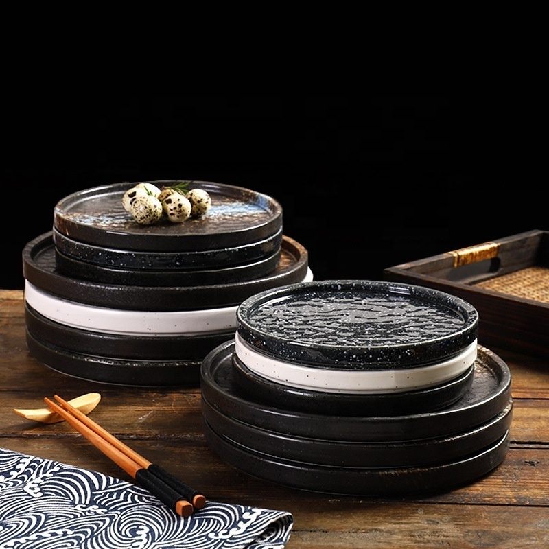 Nordic Style Hotel Restaurant Luxury Dishes Set Gold Rim Charger Black Ceramic Dinner Plates