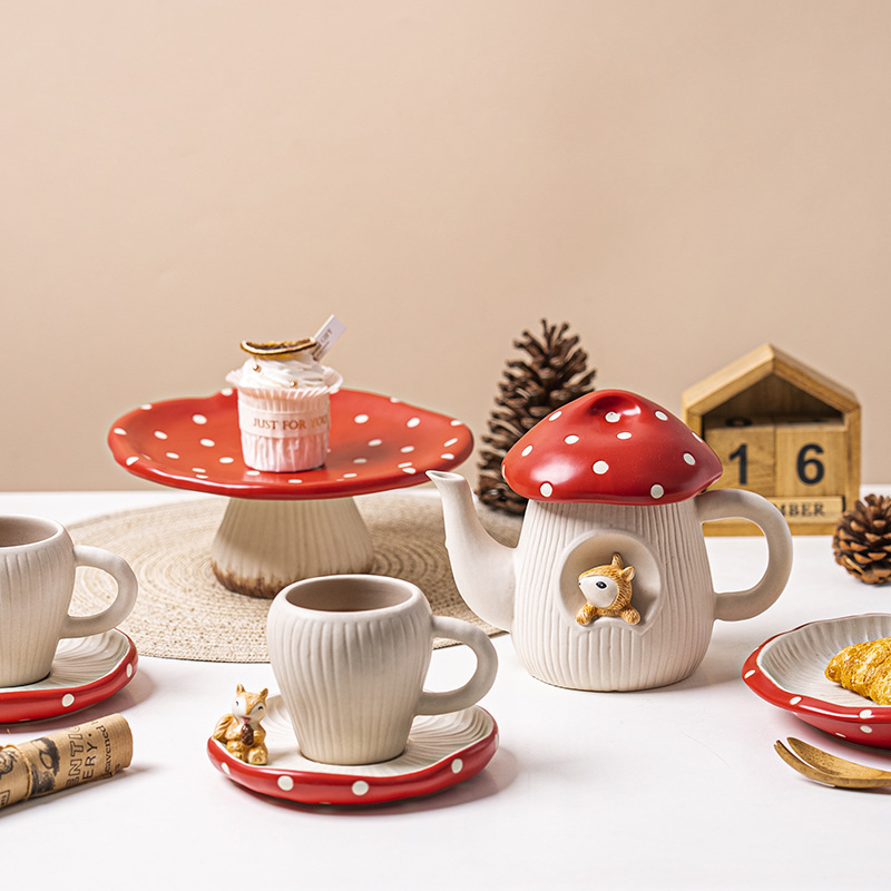 Creative ceramic teapot with tea cup set, colorful hand-painted mug and vertical dessert cake plate, coffee and tea set