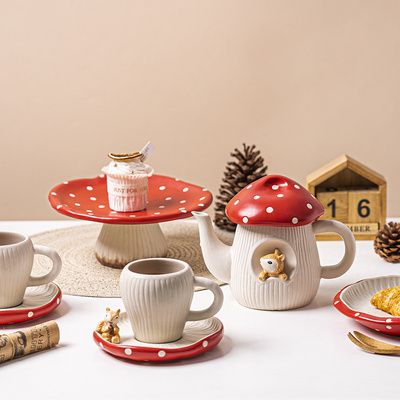 Creative ceramic teapot with tea cup set, colorful hand-painted mug and vertical dessert cake plate, coffee and tea set