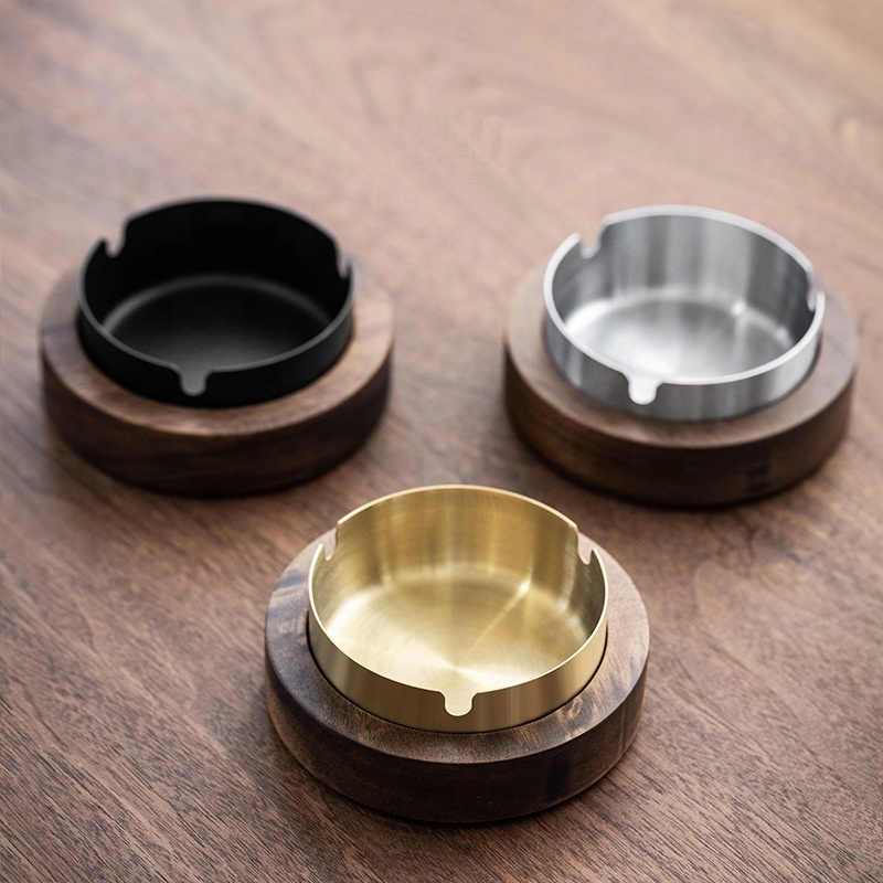 Walnut Wood Ashtrays With Lid Covered Windproof Ashtray With Stainless Steel Liner Indoor Outdoor Ash Tray For Home