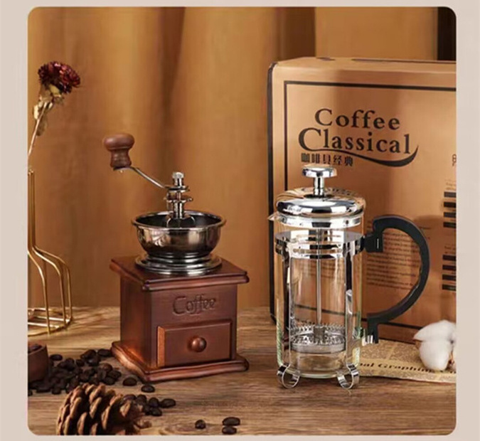 Wholesale Coffee Accessories Gift Box Wood Manual Coffee Grinder with 350 ml Glass French Press