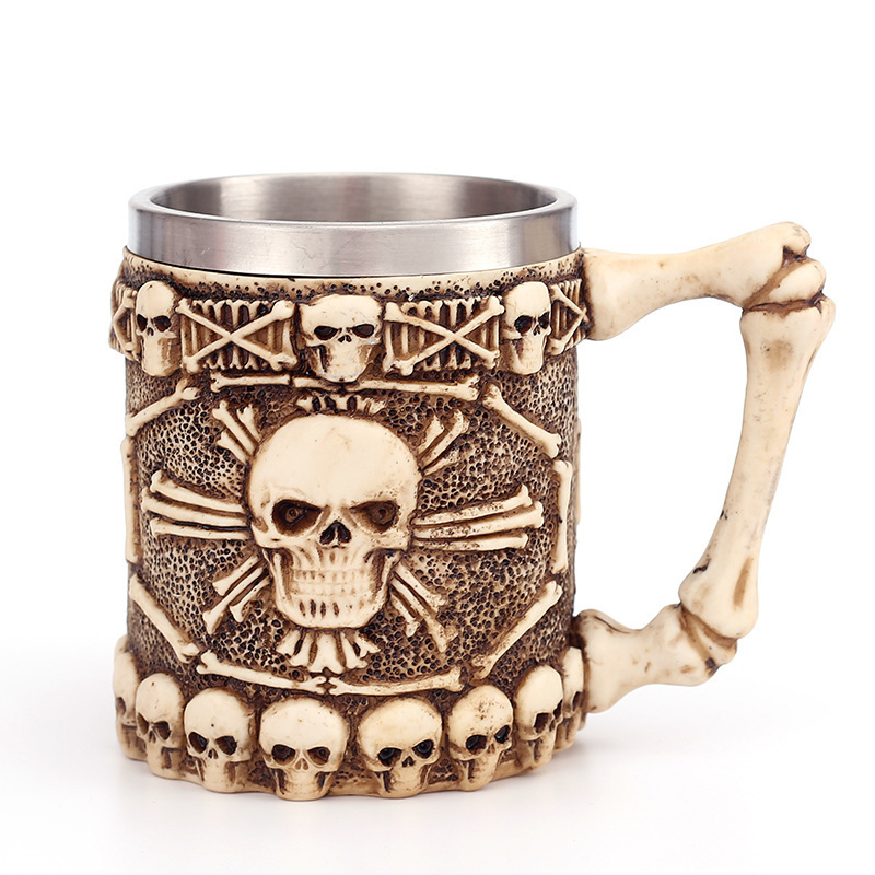 Halloween gift Skeleton mug handmade 3D three-dimensional double-layer stainless steel resin craft wine cup spot wholesale