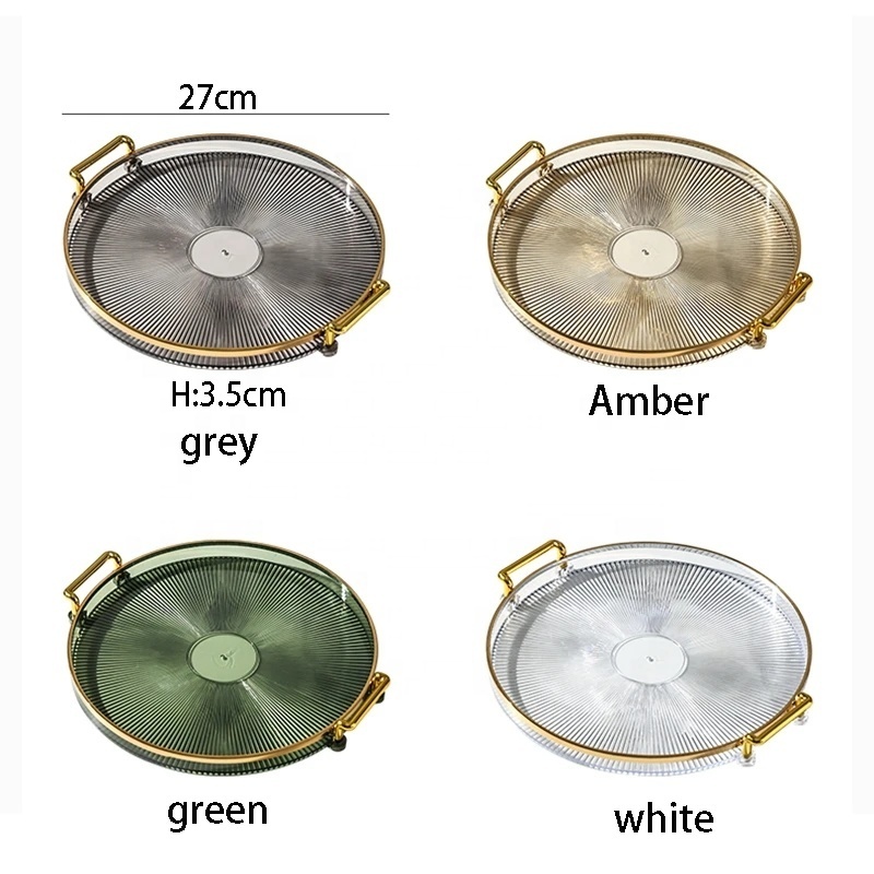 Round Clear Plastic Transparent Acrylic Serving Tray With Gold handles For Home Decor