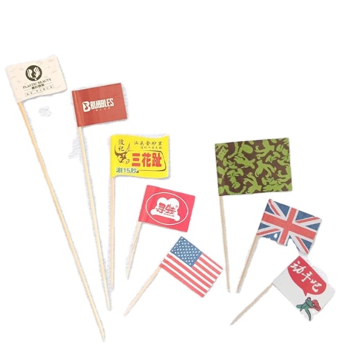 Fashionable wooden bamboo toothpick wholesale custom logo printing cocktail toothpick flag for restaurant and hotel