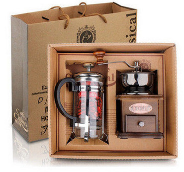 Wholesale Coffee Accessories Gift Box Wood Manual Coffee Grinder with 350 ml Glass French Press