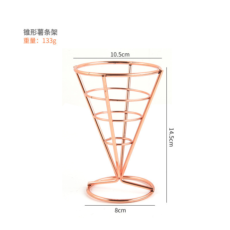 Metal Cone Snack Fried Chicken Display Rack Wire French Fries Stand Cone Basket Fry Holder with Sauce Dippers for Kitchen