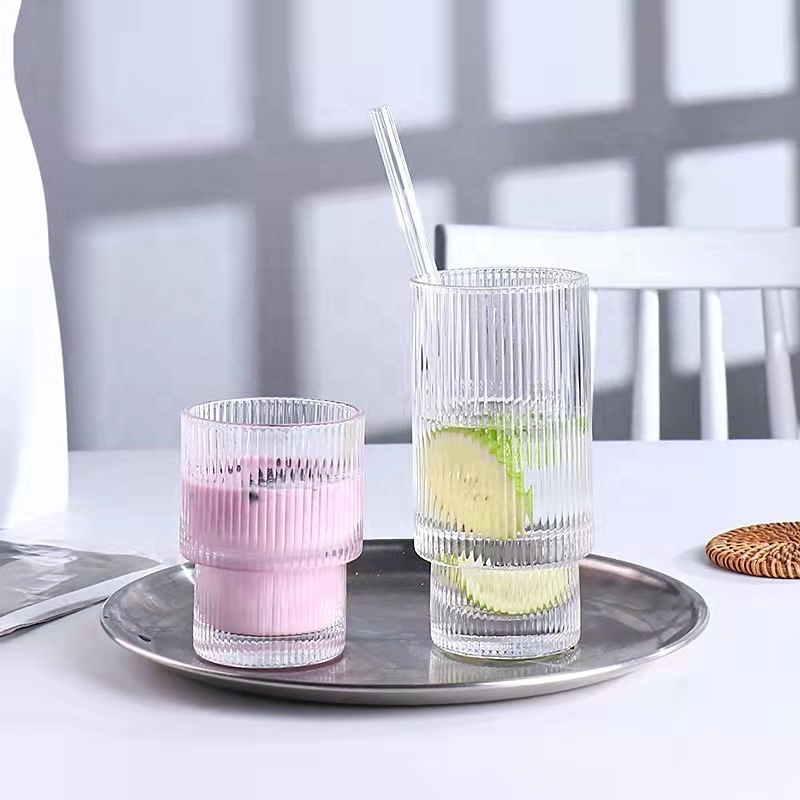 10 OZ Clear Tall Drinking Glasses for Cocktail,Juice, Ribbed Glassware, Crystal Thick Water Glass with Heavy Base for Beverage