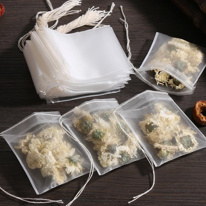 100 pcs Disposable Tea Bags for Loose Leaf Tea with Drawstring Natural Wood Pulp Paper Material Tea Pouch