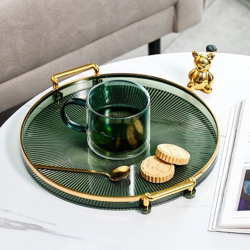 Round Clear Plastic Transparent Acrylic Serving Tray With Gold handles For Home Decor