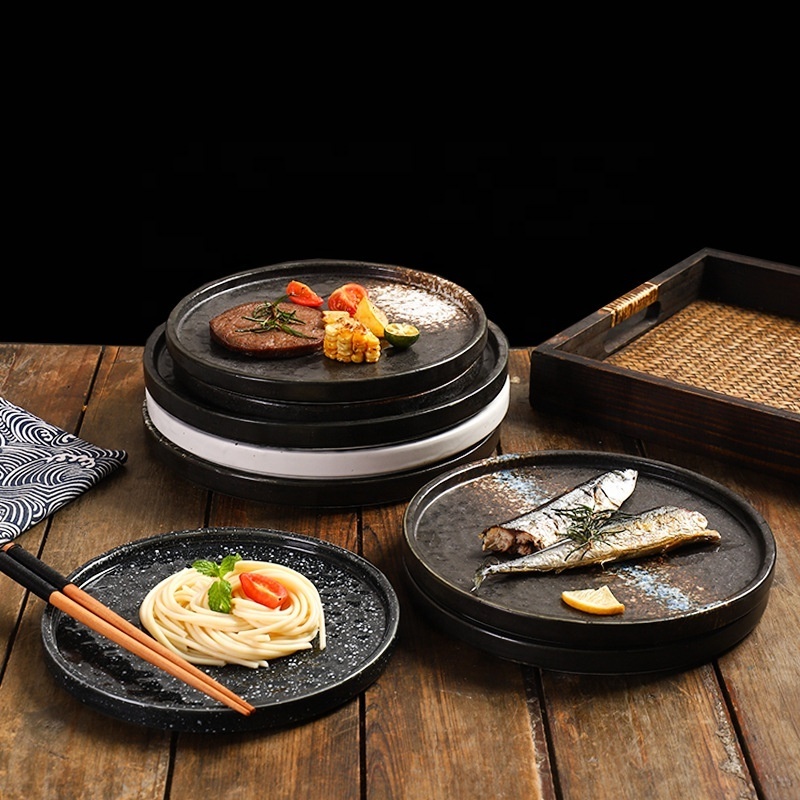 Nordic Style Hotel Restaurant Luxury Dishes Set Gold Rim Charger Black Ceramic Dinner Plates