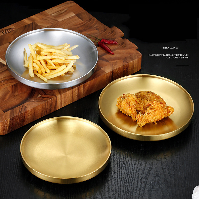 Thick gold matte double wall Serving Tray round Korea style 304 stainless steel plates and dishes Eco Friendly 17/19/21/ 23cm