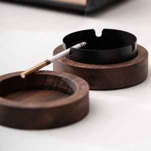 Walnut Wood Ashtrays With Lid Covered Windproof Ashtray With Stainless Steel Liner Indoor Outdoor Ash Tray For Home