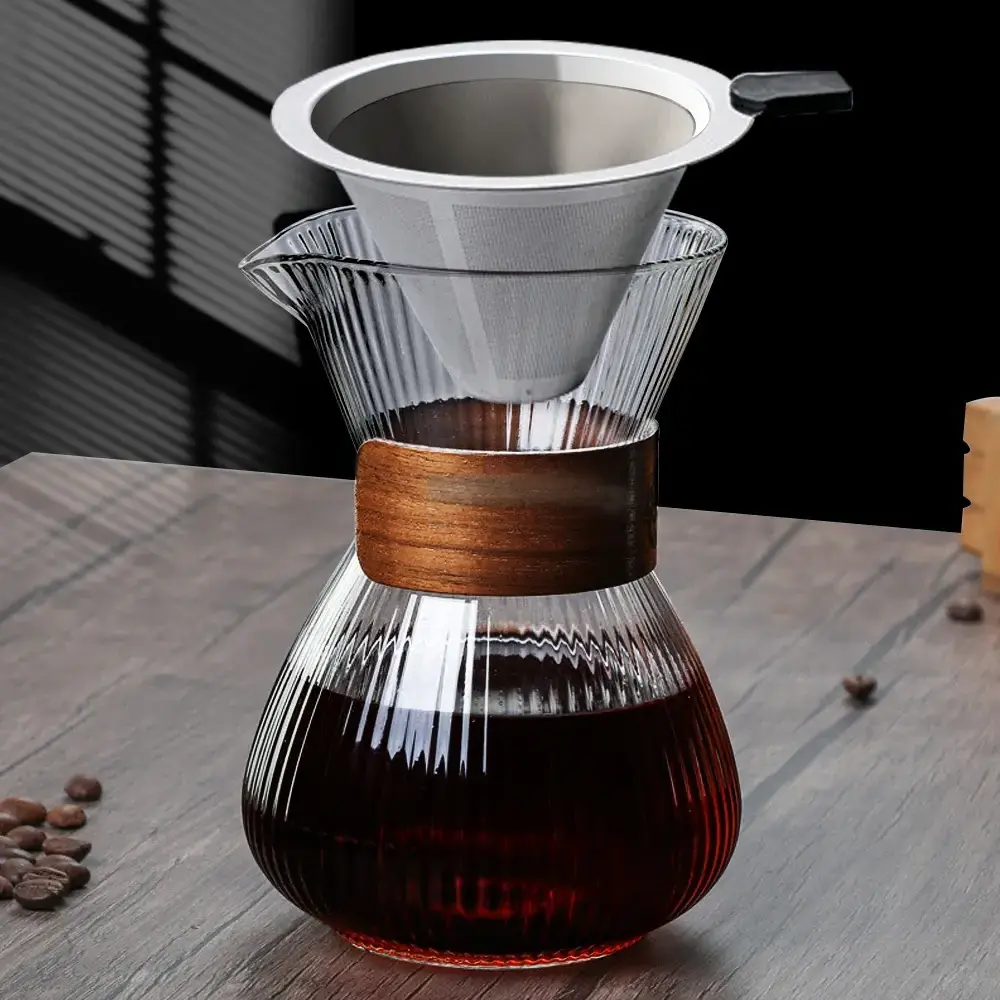 Pour Over Coffee Kettle Coffee Maker with funnel Stainless Steel Filter, High Borosilicate Glass Coffee Carafe Sharing Pot