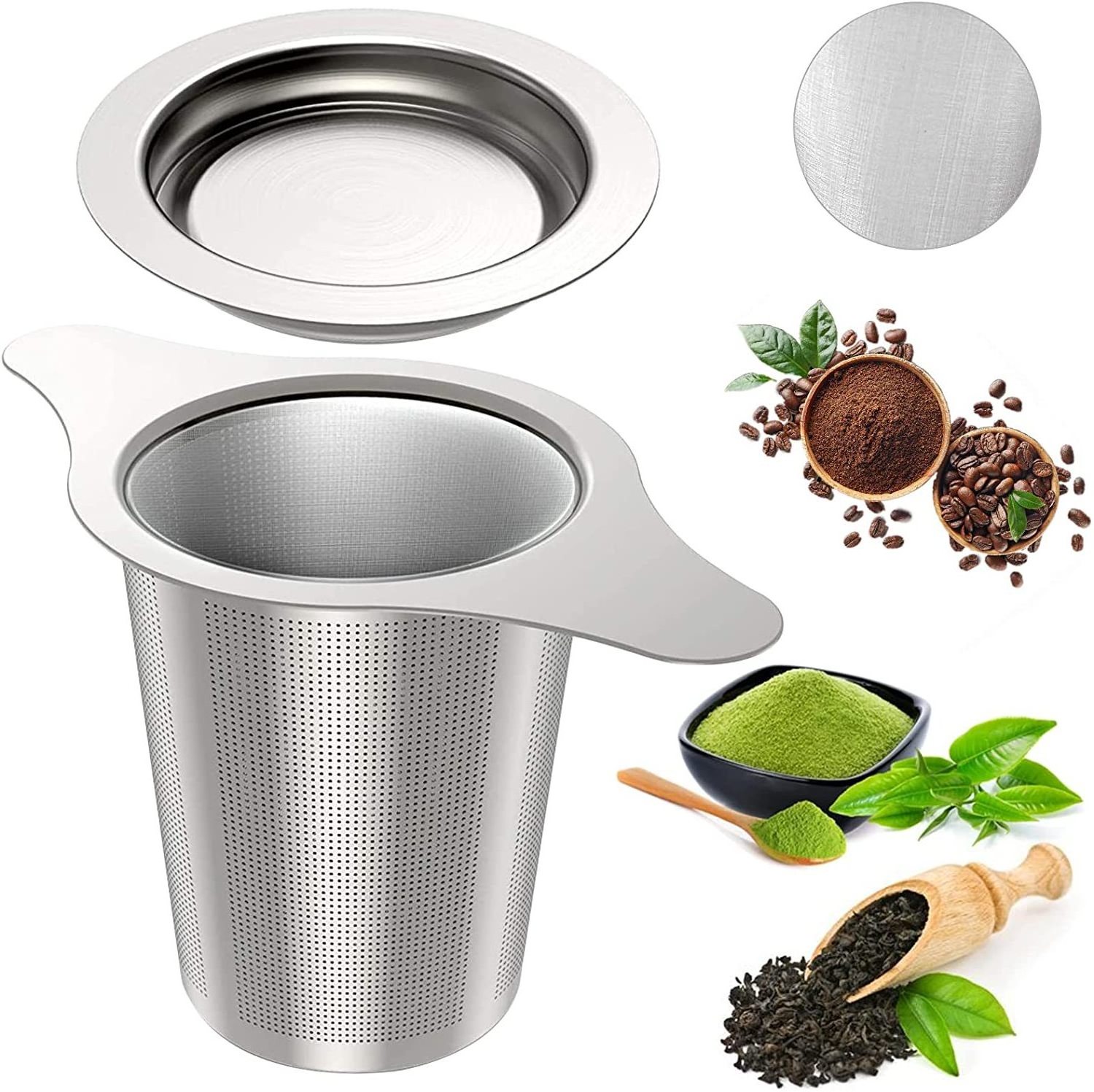 Tea Infuser 304 Stainless Steel Extra Fine Strainer Steeper with Lid and Two Handles for Loose Leaf Grain Tea Cups Mugs and Pots