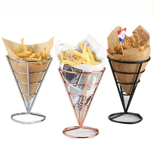 Metal Cone Snack Fried Chicken Display Rack Wire French Fries Stand Cone Basket Fry Holder with Sauce Dippers for Kitchen