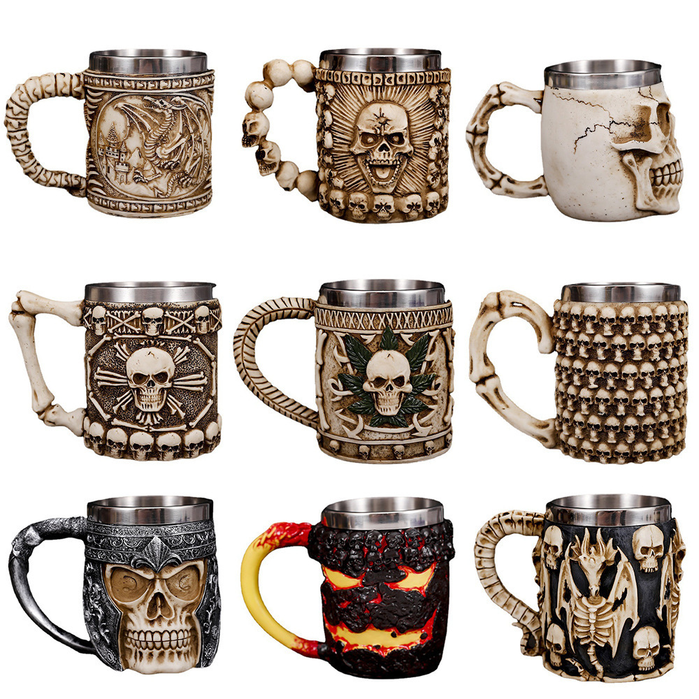 Halloween gift Skeleton mug handmade 3D three-dimensional double-layer stainless steel resin craft wine cup spot wholesale