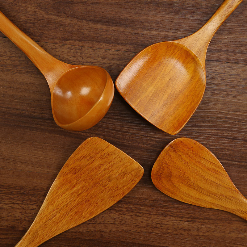 2024 Eco Friendly Mixing and Cooking Wooden Spoon Japanese Long Handle Solid Wood Non Stick Frying Pan Spoon Set