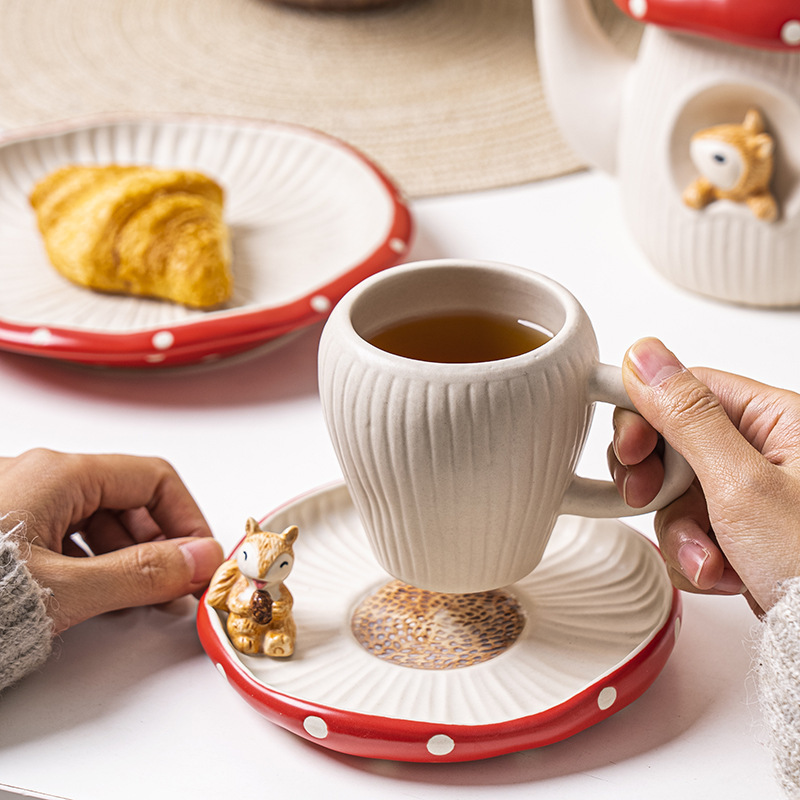 Creative ceramic teapot with tea cup set, colorful hand-painted mug and vertical dessert cake plate, coffee and tea set