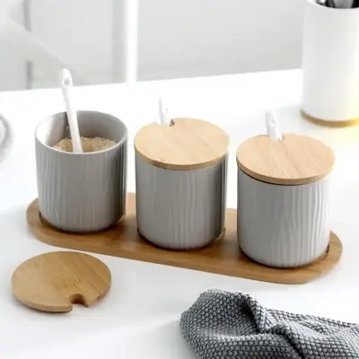 Nordic Ceramic Seasoning Boxes with Lid Spoon Seasoning Jars Kitchen Spice Container with Wooden Tray Salt and Pepper Canister