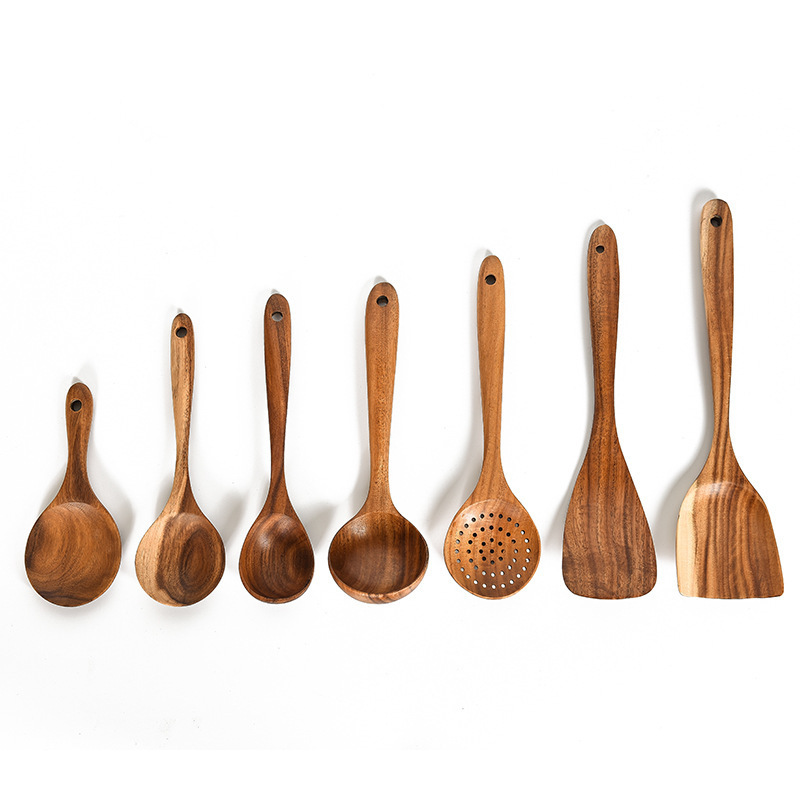 7pcs/set Teak Natural Wood Tableware Spoon Ladle Turner Rice Colander Soup Skimmer Cooking Spoon Scoop Kitchen Reusable Tool Kit