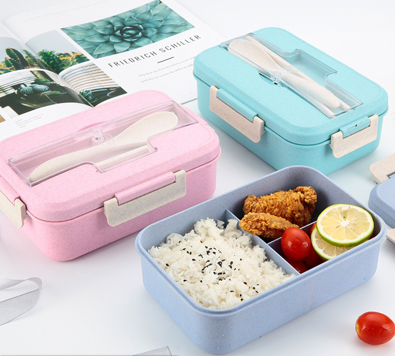 Custom Bento Box For Kids Adults Lunch Box With 3 Compartment Wheat Straw Food Container With Spoon Fork