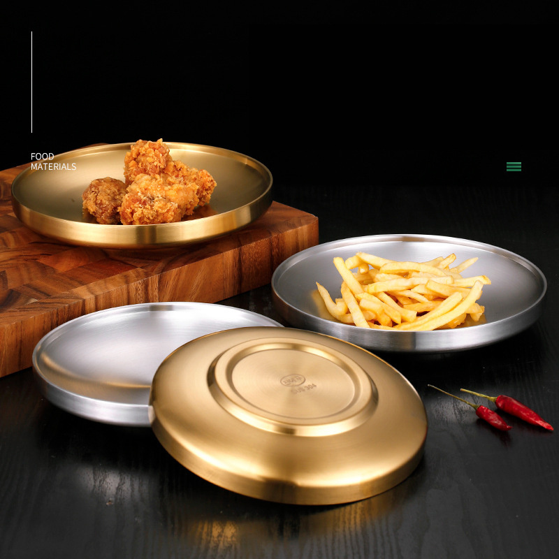 Thick gold matte double wall Serving Tray round Korea style 304 stainless steel plates and dishes Eco Friendly 17/19/21/ 23cm