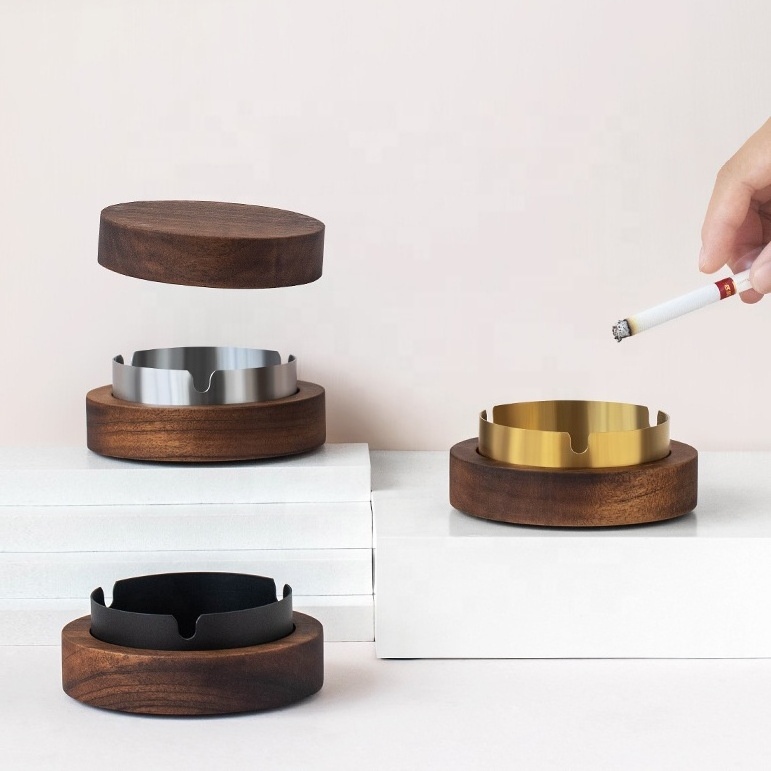 Walnut Wood Ashtrays With Lid Covered Windproof Ashtray With Stainless Steel Liner Indoor Outdoor Ash Tray For Home