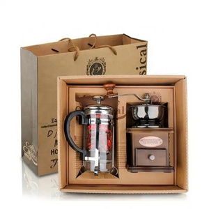 Wholesale Coffee Accessories Gift Box Wood Manual Coffee Grinder with 350 ml Glass French Press