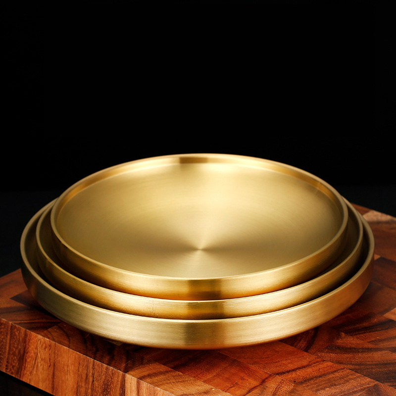 Thick gold matte double wall Serving Tray round Korea style 304 stainless steel plates and dishes Eco Friendly 17/19/21/ 23cm