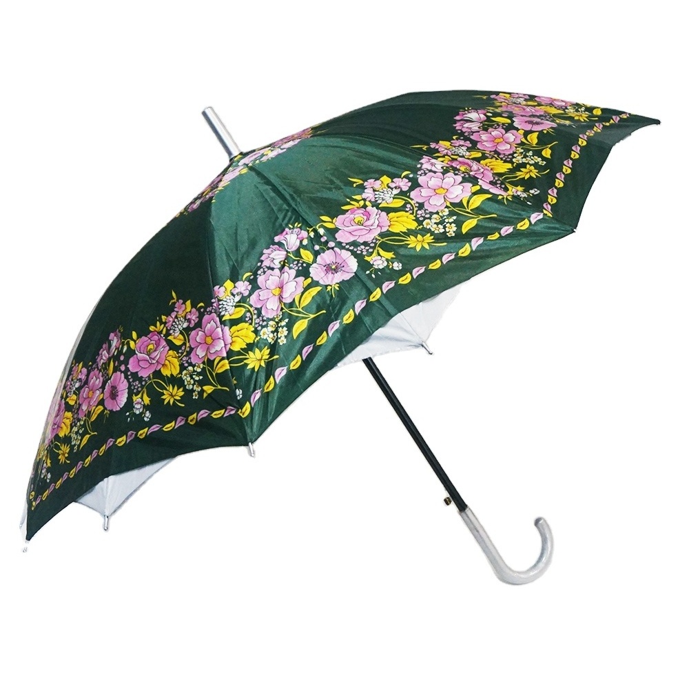 Anti-UV Double Layer Flower Pattern Canopy Cross Straight Umbrella With Silver Coating