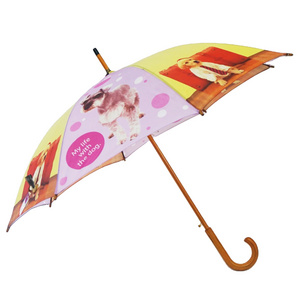 Printing Logo Auto Open Customize Wooden J Handle Umbrella Pink Horse Wooden Straight Umbrella