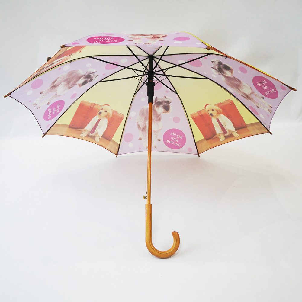 Printing Logo Auto Open Customize Wooden J Handle Umbrella Pink Horse Wooden Straight Umbrella