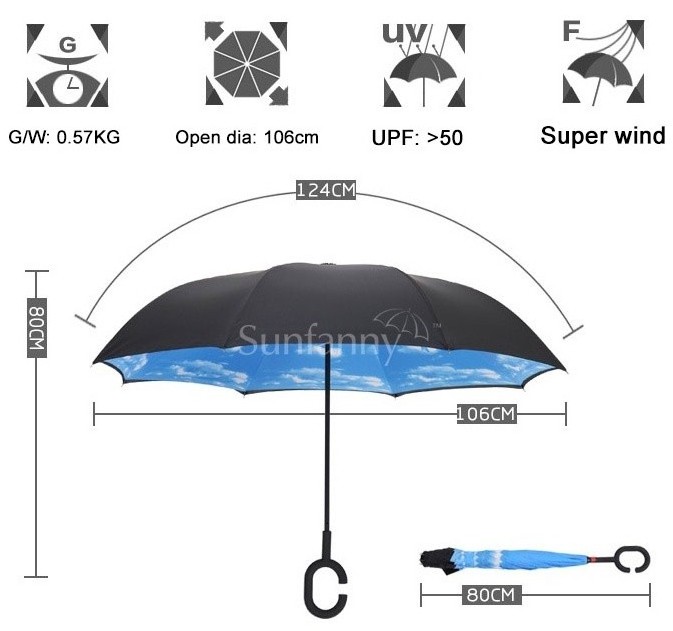 New inverse Umbrella with logo prints Custom Double Layer Inside Out C Shape Handle design inverted Reverse Umbrellas