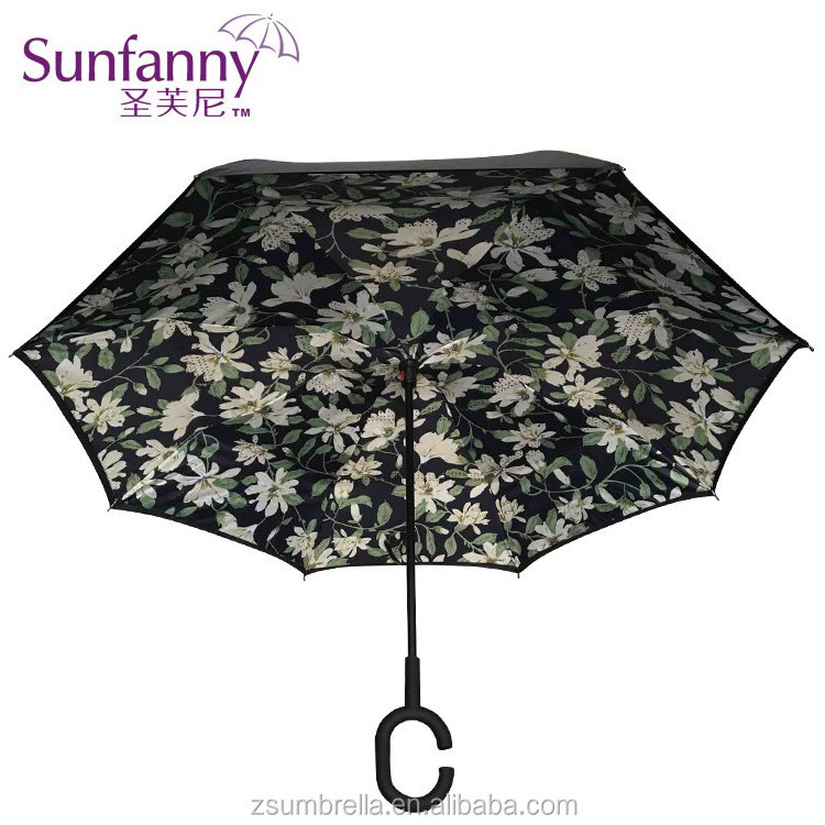 New inverse Umbrella with logo prints Custom Double Layer Inside Out C Shape Handle design inverted Reverse Umbrellas