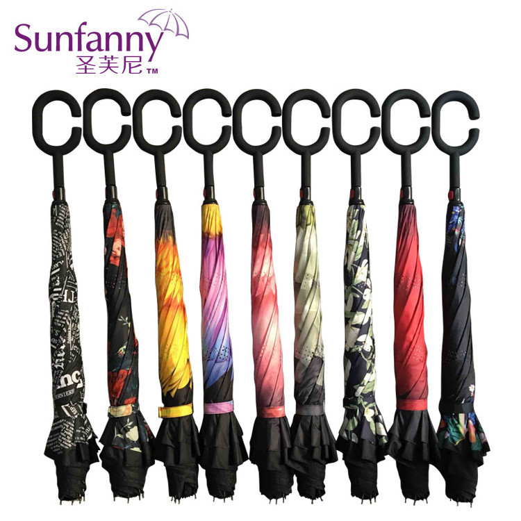 New inverse Umbrella with logo prints Custom Double Layer Inside Out C Shape Handle design inverted Reverse Umbrellas