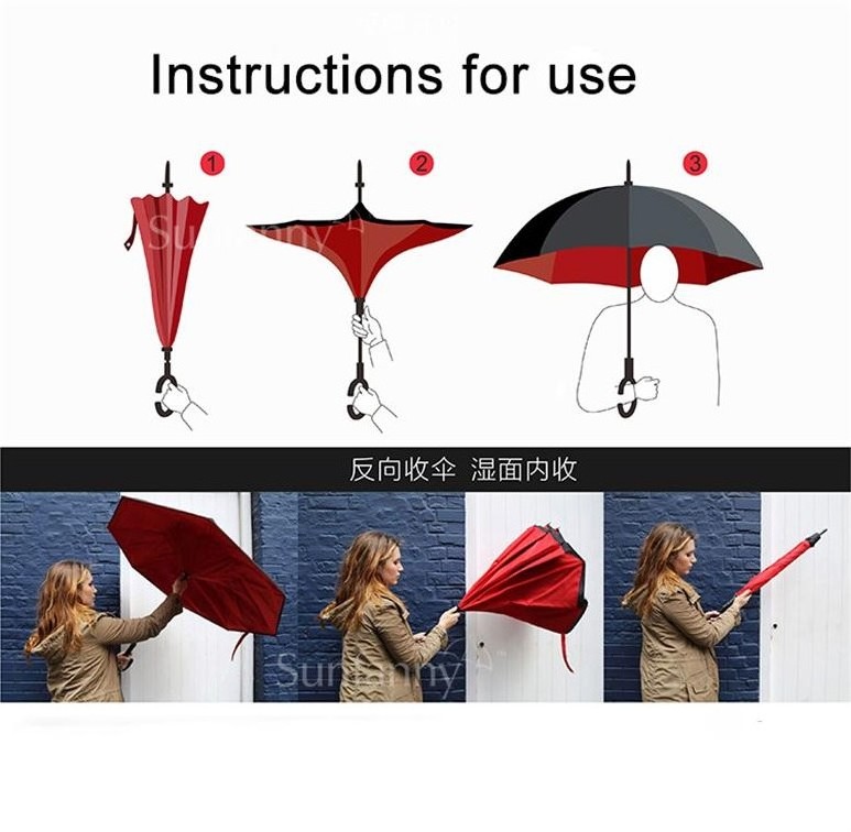 New inverse Umbrella with logo prints Custom Double Layer Inside Out C Shape Handle design inverted Reverse Umbrellas